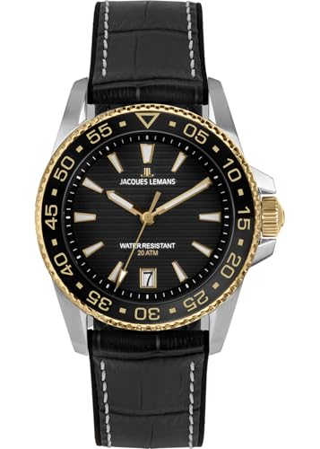 JACQUES LEMANS 1-2205G Herrenuhr Liverpool Diver Silikonband mit Leder Oberfläche 41 MM Datum 20 ATM von JACQUES LEMANS