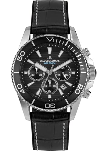 JACQUES LEMANS 1-2206A Herrenuhr Liverpool Diver Silikonband mit Leder Oberfläche Chronograph 20 ATM von JACQUES LEMANS
