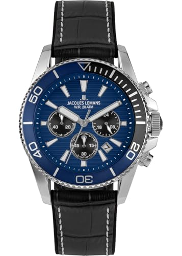 JACQUES LEMANS 1-2206B Herrenuhr Liverpool Diver Silikonband mit Leder Oberfläche Chronograph 20 ATM von JACQUES LEMANS