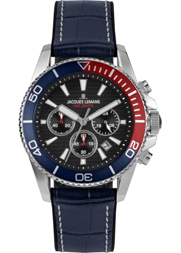 JACQUES LEMANS Herrenuhr Chronograph mit Lederband Blau 1-2206D von JACQUES LEMANS