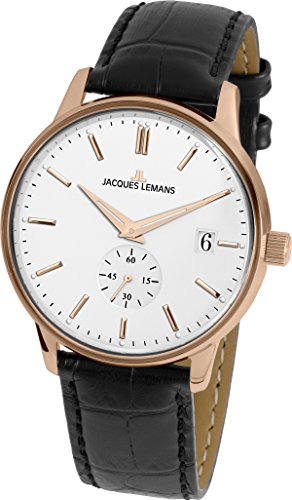 JACQUES LEMANS Damenuhr Heerrenuhr Retro Classic Lederarmband massiv Edelstahl ip-rosé Big Date N-215B von JACQUES LEMANS