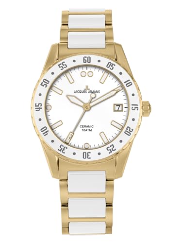 JACQUES LEMANS Damenuhr Liverpool Massiv Edelstahl/High-Tech-Ceramic massiv Edelstahl ip-Gold 42-12L von JACQUES LEMANS