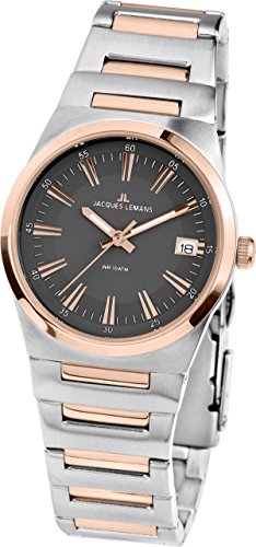 JACQUES LEMANS Damenuhr Manchester Metallband massiv Edelstahl ip-rosé/Bicolor 1-1930C von JACQUES LEMANS