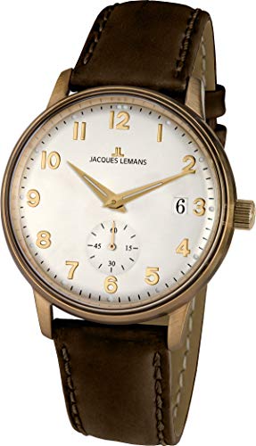 JACQUES LEMANS Damenuhr Retro Classic Lederarmband massiv Edelstahl ip-Bronze Big Date N-215.1ZL von JACQUES LEMANS