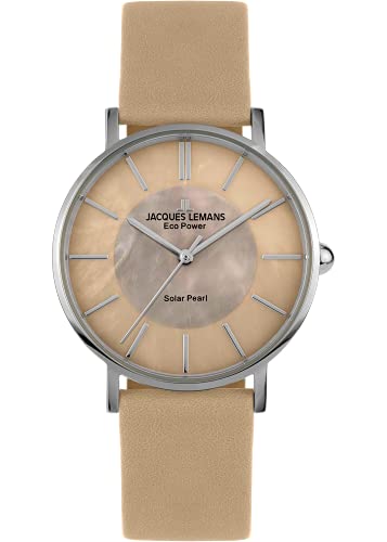 JACQUES LEMANS Damenuhren, Eco Power Uhren Frauen aus massivem Edelstahl mit Leder Armband und Perlmutt, großes Ziffernblatt, Armbanduhr Damen, Model 1-2112D, Damen Uhren Frauen Uhr Damen schmuck von JACQUES LEMANS