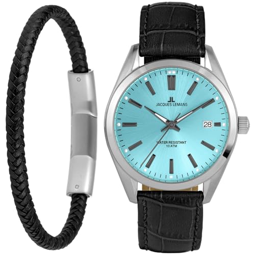 JACQUES LEMANS Geschenkset Herrenuhr und Armband Derby Türkis 1-2143E-SET von JACQUES LEMANS