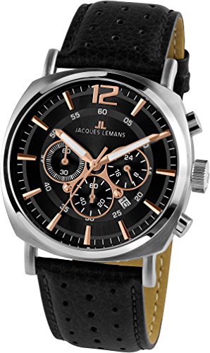 JACQUES LEMANS Herren Analog Quarz Uhr mit Leder Armband 1-1645J von JACQUES LEMANS