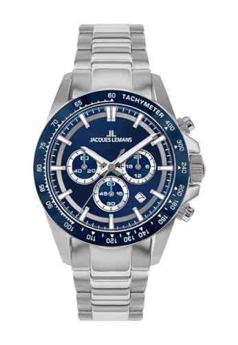 JACQUES LEMANS Herren-Uhren Analog Quarz One Size, Blau, Silber 32030402 von JACQUES LEMANS