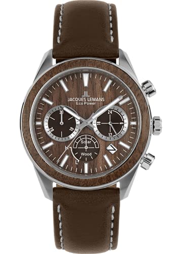 JACQUES LEMANS Herrenuhr, Eco Power Uhren Männer, Chronograph aus massivem Edelstahl mit Apfel-Leder Armband, Herrenuhr großes Ziffernblatt - Suit for Men, Model 1-2115B, Arm Herrenuhr groß von JACQUES LEMANS