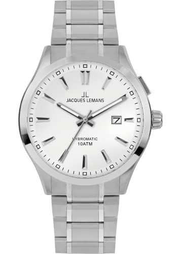 JACQUES LEMANS Herrenuhr Hybromatic Uhren Herren Chronograph aus massivem Edelstahl mit Silikon Lederarmband Modell 1-2130, silberfarben/weiß, Armband von JACQUES LEMANS