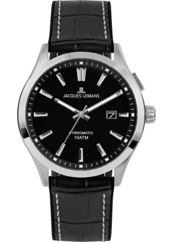 JACQUES LEMANS Herrenuhr, Hybromatic Uhren Männer, Chronograph aus massivem Edelstahl mit Silikon-Leder Armband, Herrenuhr großes Ziffernblatt - Suit for Men, Model 1-2130A, Arm Herrenuhr groß von JACQUES LEMANS