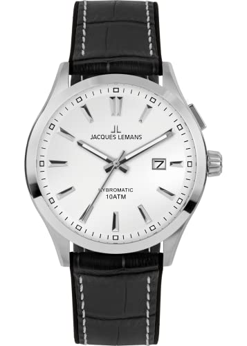 JACQUES LEMANS Herrenuhr, Hybromatic Uhren Männer, Chronograph aus massivem Edelstahl mit Silikon-Leder Armband, Herrenuhr großes Ziffernblatt - Suit for Men, Model 1-2130B, Arm Herrenuhr groß von JACQUES LEMANS
