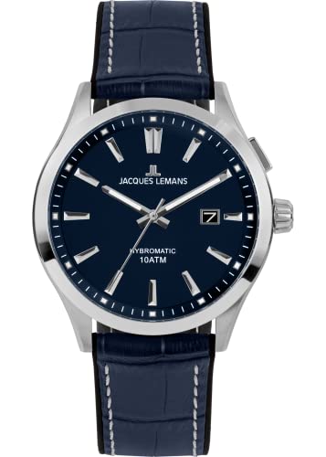 JACQUES LEMANS Herrenuhr, Hybromatic Uhren Männer, Chronograph aus massivem Edelstahl mit Silikon-Leder Armband, Herrenuhr großes Ziffernblatt - Suit for Men, Model 1-2130C, Arm Herrenuhr groß von JACQUES LEMANS