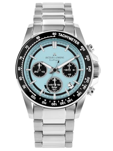 JACQUES LEMANS Herrenuhr Eco Power Solar Chronograph 42 MM 10 ATM mit Edelstahlband 50-1B von JACQUES LEMANS