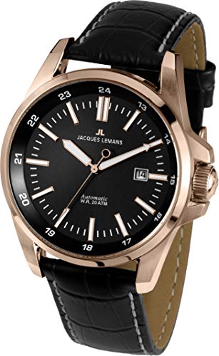 JACQUES LEMANS Herrenuhr Liverpool Automatic Lederarmband massiv Edelstahl ip-rosé 1-1869B von JACQUES LEMANS