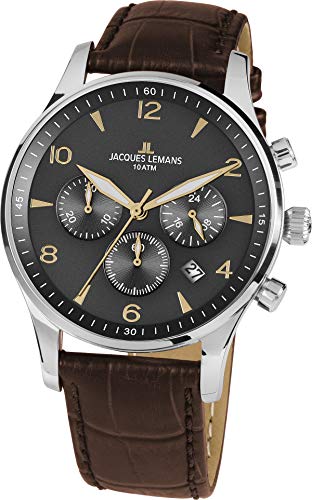 JACQUES LEMANS Herrenuhr London Lederarmband massiv Edelstahl Chronograph 1-1654ZJ von JACQUES LEMANS