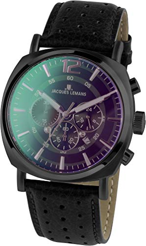 JACQUES LEMANS Herrenuhr Lugano Lederarmband massiv Edelstahl ip-Black Chronograph 1-1645.1N von JACQUES LEMANS