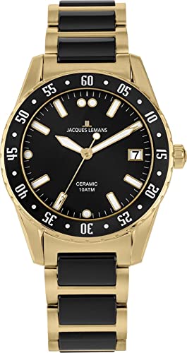 JACQUES LEMANS Herrenuhr Liverpool Massiv Edelstahl/High-Tech-Ceramic massiv Edelstahl ip-Gold 42-10G von JACQUES LEMANS