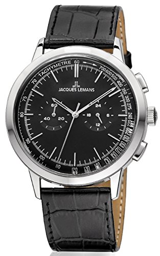 Jacques Lemans Classic Nostalgie Herren-Armbanduhr Chronograph Analog Quarz mit schwarzem Lederband N-204A von JACQUES LEMANS