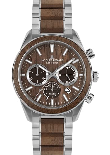 JACQUES LEMANS Holzuhr Herren, Solar Wood Herrenuhr - Model 1-2115J, Chronograph und Armband Schwarz/Hellbraun, Edelstahl mit Holzeinlage für Männer, Armbanduhr Holz Herren, Holzuhren für Herren von JACQUES LEMANS