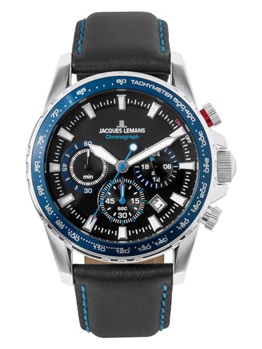 JACQUES LEMANS Herren Chronograph Quarz Uhr mit Leder Armband 1-2099B.1 von JACQUES LEMANS