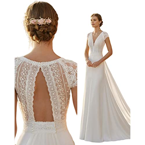 JACTZ Brautkleid Elfenbein Damen Elegante Spitze Satin Modernes Hochzeitskleid Meerjungfrau Mit Abnehmbarer Zug Gegen Nackenkappe Hülle Brautkleid Plus Größe Robe-White,14 von JACTZ