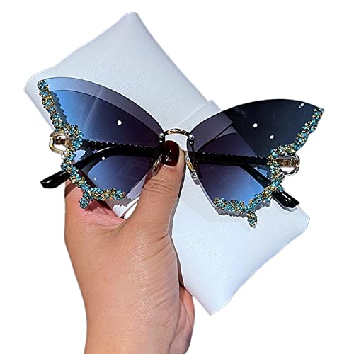 JACTZ Sonnenbrillen Faux Diamond Butterfly Sonnenbrille Frauen Marke Vintage Randless Oversize Sun Bures Ladies Eyewear-Blue von JACTZ