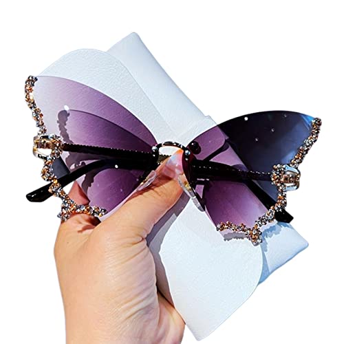 JACTZ Sonnenbrillen Faux Diamond Butterfly Sonnenbrille Frauen Marke Vintage Randless Oversize Sun Bures Ladies Eyewear-Purple von JACTZ