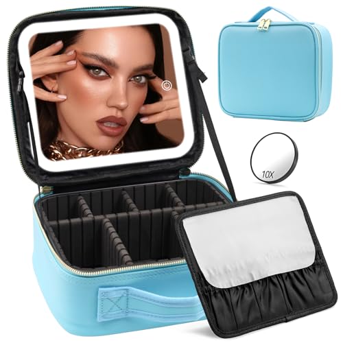 JADAZROR Make-up-Tasche mit Spiegel und Licht, Reise-Make-up-Tasche mit 3-farbigem LED-beleuchtetem Make-up-Organizer, tragbares Make-up-Etui mit verstellbaren Trennwänden, Kosmetiktasche, Geschenk von JADAZROR