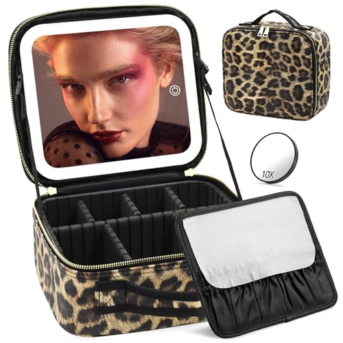 JADAZROR Make-up-Tasche mit Spiegel und Licht, Reise-Make-up-Tasche mit 3-farbigem LED-beleuchtetem Make-up-Organizer, tragbares Make-up-Etui mit verstellbaren Trennwänden, Kosmetiktasche, Geschenk von JADAZROR