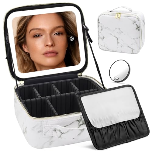 JADAZROR Make-up-Tasche mit Spiegel und Licht, Reise-Make-up-Tasche mit 3-farbigem LED-beleuchtetem Make-up-Organizer, tragbares Make-up-Etui mit verstellbaren Trennwänden, Kosmetiktasche, Geschenk von JADAZROR