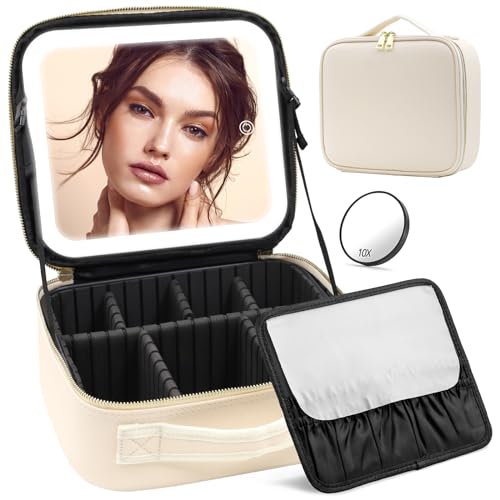 JADAZROR Make-up-Tasche mit Spiegel und Licht, Reise-Make-up-Tasche mit 3-farbigem LED-beleuchtetem Make-up-Organizer, tragbares Make-up-Etui mit verstellbaren Trennwänden, Kosmetiktasche, Geschenk von JADAZROR