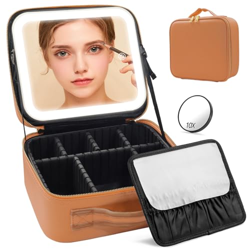 JADAZROR Make-up-Tasche mit Spiegel und Licht, Reise-Make-up-Tasche mit 3-farbigem LED-beleuchtetem Make-up-Organizer, tragbares Make-up-Etui mit verstellbaren Trennwänden, Kosmetiktasche, Geschenk von JADAZROR