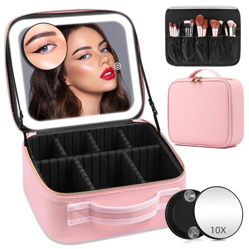 JADAZROR Make-up-Tasche mit Spiegel und Licht, Reise-Make-up-Tasche mit 3-farbigem LED-beleuchtetem Make-up-Organizer, tragbares Make-up-Etui mit verstellbaren Trennwänden, Kosmetiktasche, Geschenk von JADAZROR