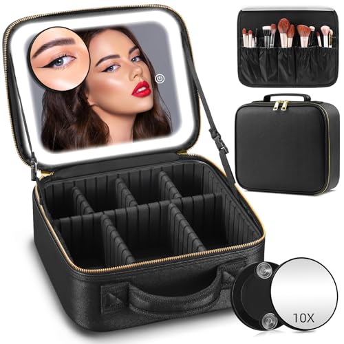 JADAZROR Make-up-Tasche mit Spiegel und Licht, Reise-Make-up-Tasche mit 3-farbigem LED-beleuchtetem Make-up-Organizer, tragbares Make-up-Etui mit verstellbaren Trennwänden, Kosmetiktasche, Geschenk von JADAZROR