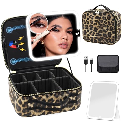 JADAZROR Make-up-Tasche mit magnetischem, abnehmbarem, beleuchtetem Spiegel, 360°-Winkel, Reise-Make-up-Tasche mit Lichtern, tragbare Kosmetiktasche, Organizer, Reise-Zug-Etui von JADAZROR