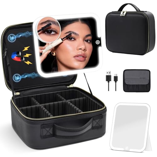 JADAZROR Make-up-Tasche mit magnetischem, abnehmbarem, beleuchtetem Spiegel, 360°-Winkel, Reise-Make-up-Tasche mit Lichtern, tragbare Kosmetiktasche, Organizer, Reise-Zug-Etui von JADAZROR