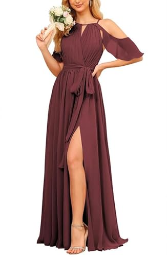 JAEDEN Brautjungfernkleider Lang Chiffon Abendkleid Damen für Hochzeit Neckholder Hochzeitgast Kleid A-Linie Festliches Kleid mit Schlitz Dunkle Burgund 36 von JAEDEN