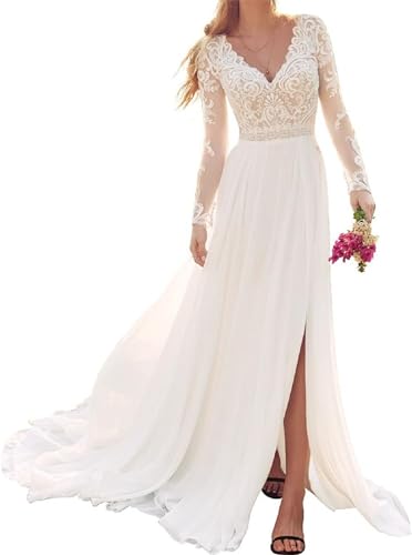 Brautkleid Hochzeitskleid Damen Lang Spitzen Boho Brautkleider Strand Standesamtkleid Langarm A Linie Weiß 48 von JAEDEN