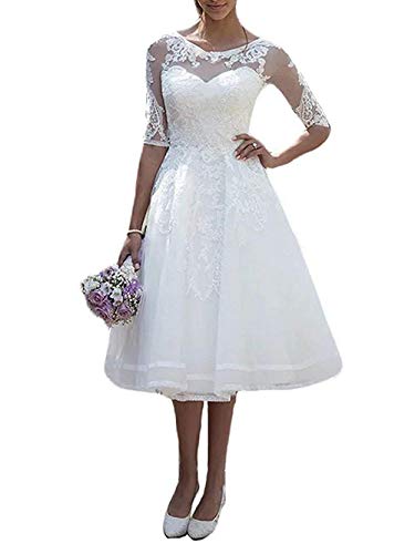 JAEDEN Vintage Brautkleider Hochzeitskleider Damen Knielang Spitze Standesamtkleid mit Ärmel Weiß EUR40 von JAEDEN