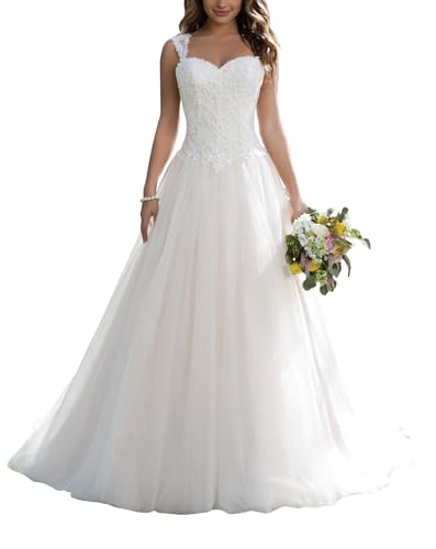 Brautkleid Hochzeitskleider Prinzessin Lang Brautmode Tüll Herzausschnitt A Linie Standesamtkleid Weiß 44 von JAEDEN