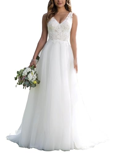 JAEDEN Brautkleid A-Linie Spitze Hochzeitskleider Lang Damen Brautmode V-Ausschnitt Tüll Standesamtkleid Elfenbein 52 von JAEDEN