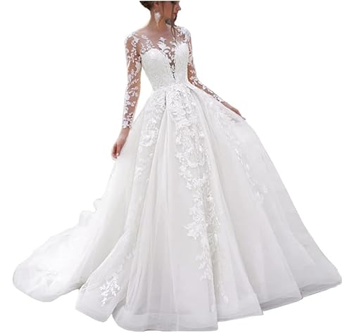 JAEDEN Brautkleid Lang Prinzessin Spitze Langarm Hochzeitskleid A-Linie Standesamtliche Trauung Kleid mit Schleppe Weiß 36 von JAEDEN