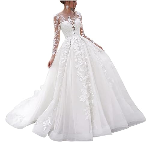 JAEDEN Brautkleid Lang Prinzessin Spitze Langarm Hochzeitskleid A-Linie Standesamtliche Trauung Kleid mit Schleppe Weiß 40 von JAEDEN