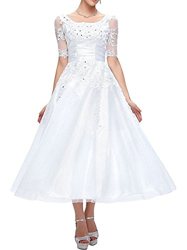 Brautkleider Hochzeitskleider Damen Tüll Spitze Brautmode Kurzarm A Linie Wadenlang Weiß EUR38 von JAEDEN