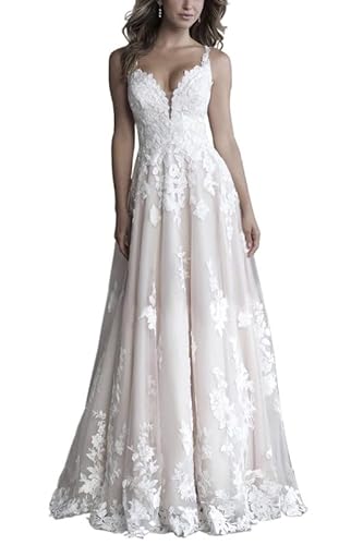 JAEDEN Damen Brautkleid Prinzessin V-Ausschnitt Spitzen Träger Hochzeitskleid Standesamt Trauung Kleider mit Schleppe Champagner 50 von JAEDEN