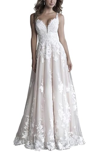 JAEDEN Damen Brautkleid Prinzessin V-Ausschnitt Spitzen Träger Hochzeitskleid Standesamt Trauung Kleider mit Schleppe Champagner 50 von JAEDEN