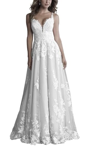 JAEDEN Damen Brautkleid Prinzessin V-Ausschnitt Spitzen Träger Hochzeitskleid Standesamt Trauung Kleider mit Schleppe Elfenbein 40 von JAEDEN