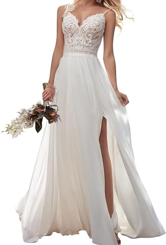 Damen Brautkleid Spaghettiträger Hochzeitskleid Boho Strand Spitze Braut Kleider A-Linie Standesamtkleid Elfenbein 52 von JAEDEN