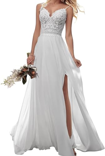 Damen Brautkleid Spaghettiträger Hochzeitskleid Boho Strand Spitze Braut Kleider A-Linie Standesamtkleid Weiß 58 von JAEDEN